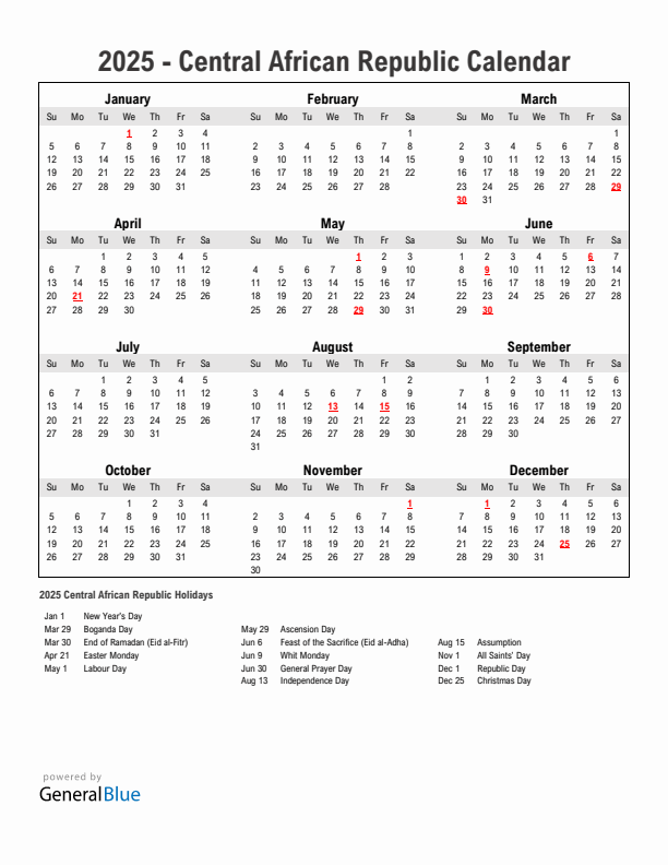 Year 2025 Simple Calendar With Holidays in Central African Republic