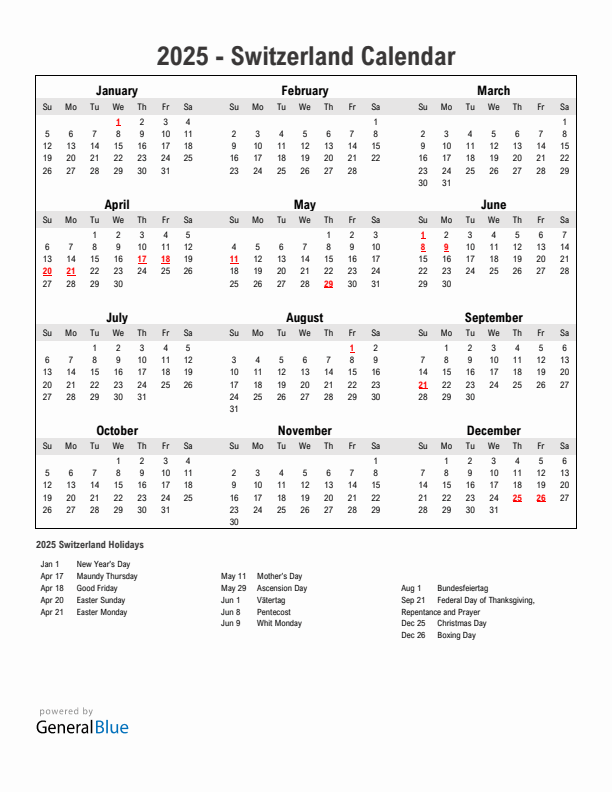 Year 2025 Simple Calendar With Holidays in Switzerland