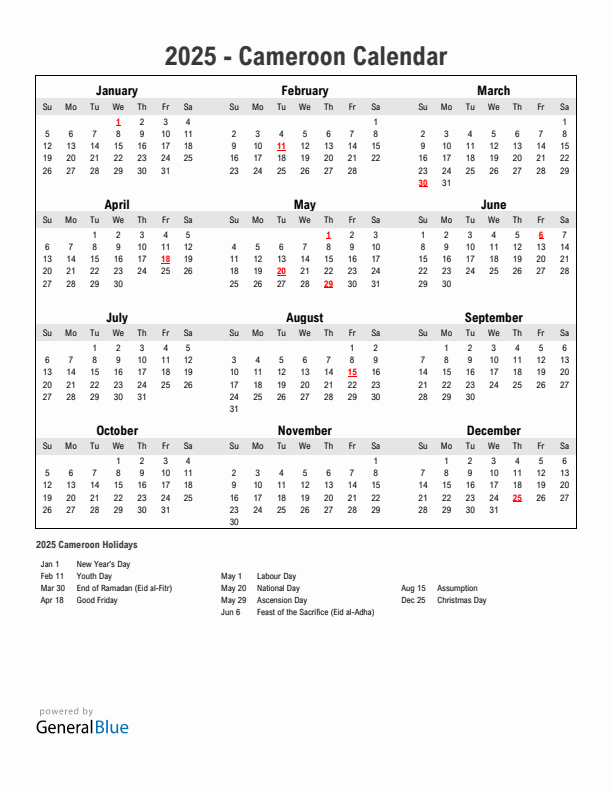 Year 2025 Simple Calendar With Holidays in Cameroon