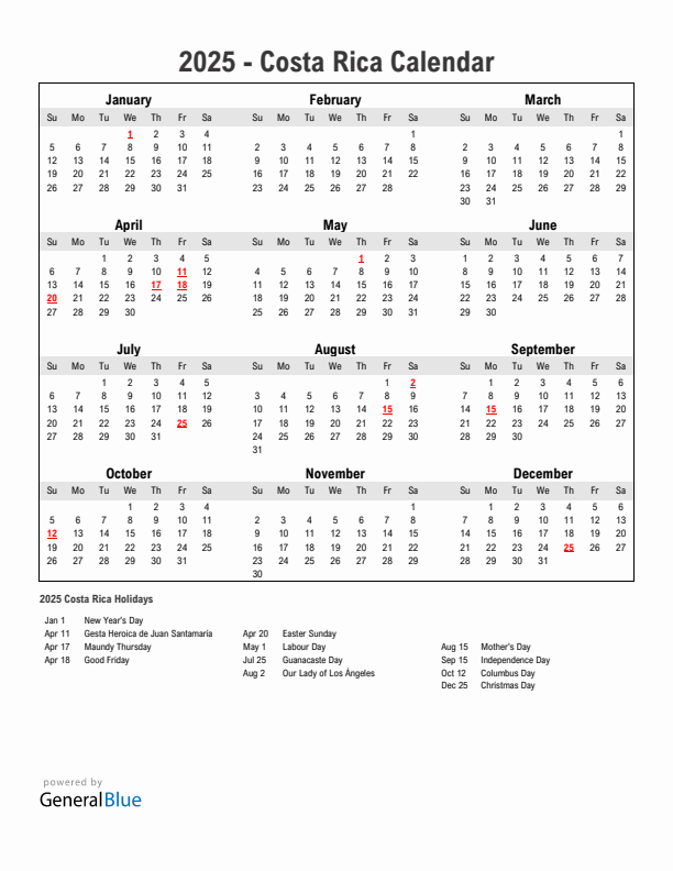 Year 2025 Simple Calendar With Holidays in Costa Rica