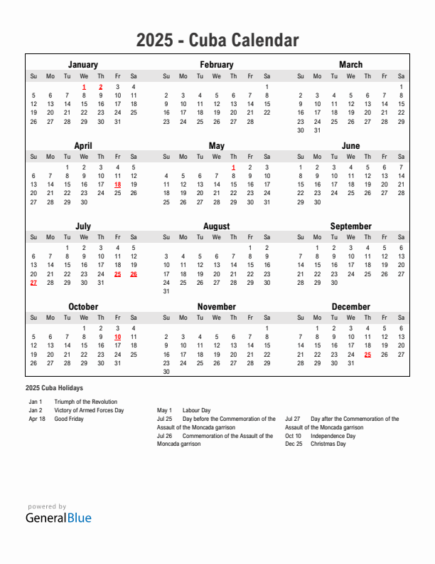 Year 2025 Simple Calendar With Holidays in Cuba