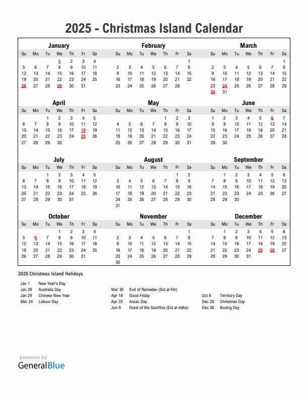 Year 2025 Simple Calendar With Holidays in Christmas Island