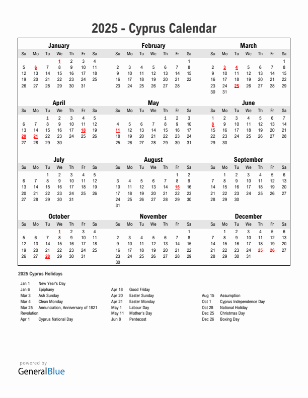 Year 2025 Simple Calendar With Holidays in Cyprus