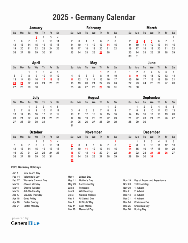 Year 2025 Simple Calendar With Holidays in Germany