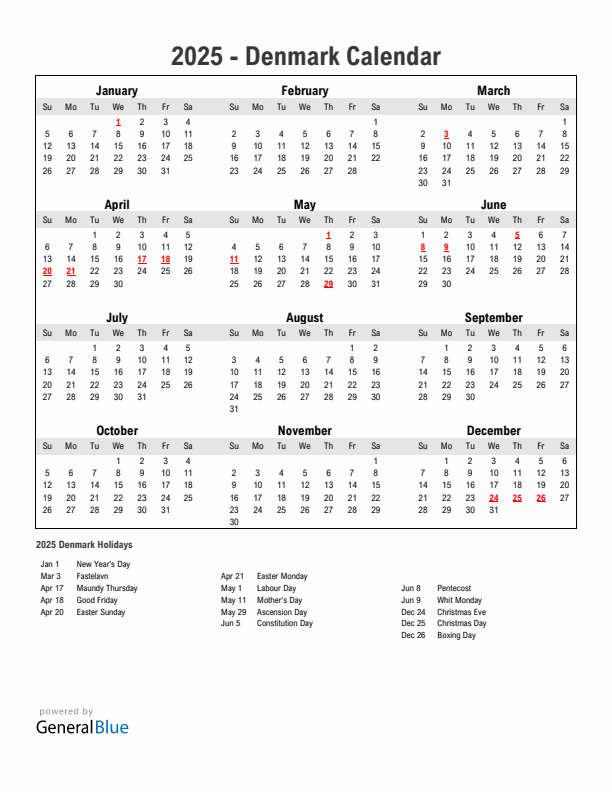 Year 2025 Simple Calendar With Holidays in Denmark