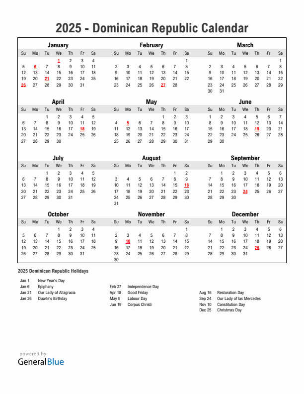 Year 2025 Simple Calendar With Holidays in Dominican Republic