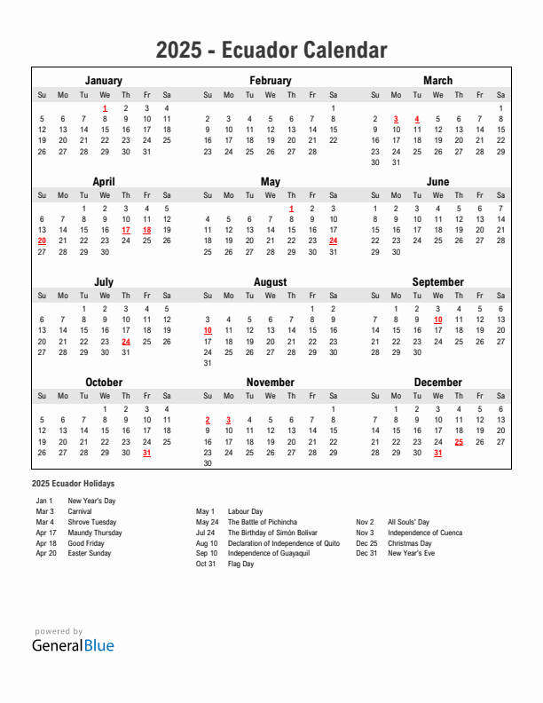 Year 2025 Simple Calendar With Holidays in Ecuador