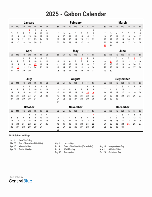 Year 2025 Simple Calendar With Holidays in Gabon