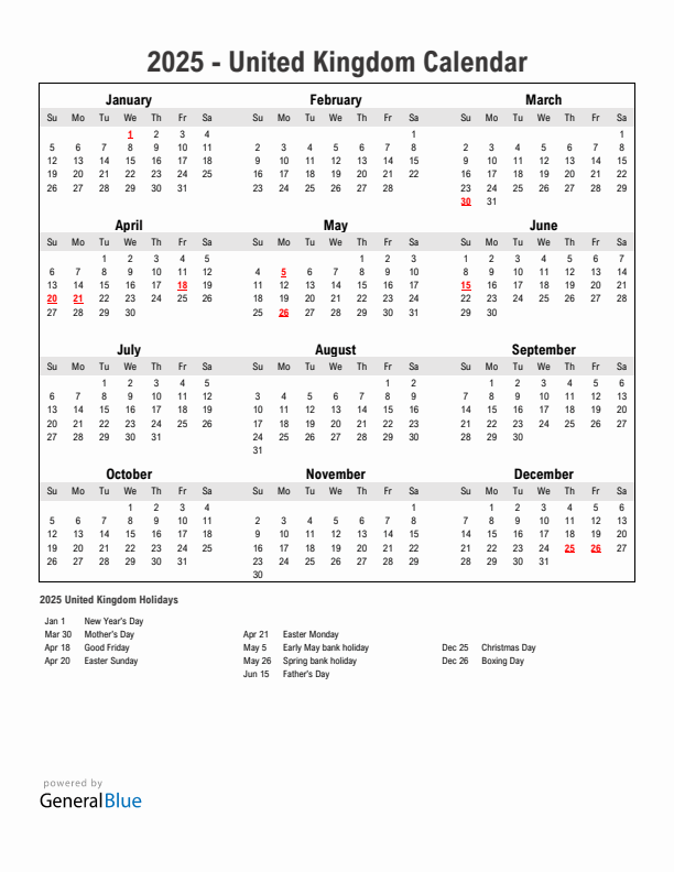 Year 2025 Simple Calendar With Holidays in United Kingdom