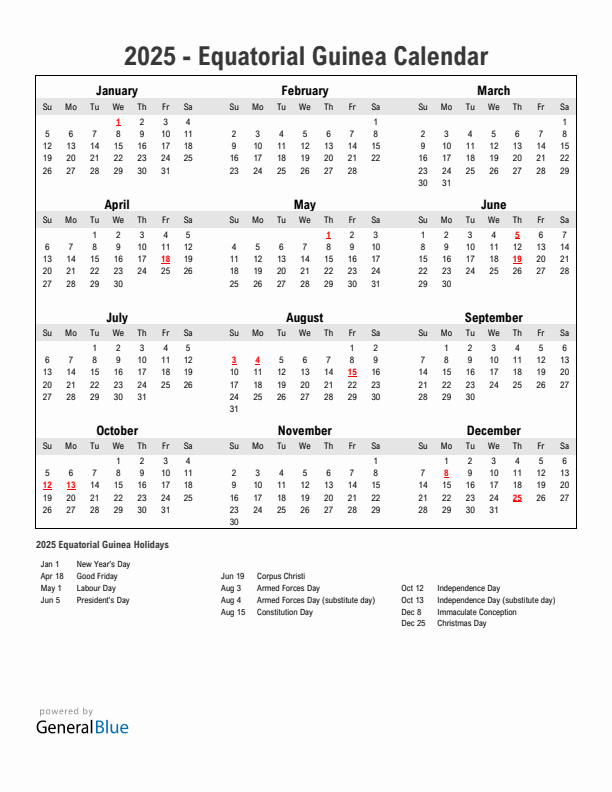 Year 2025 Simple Calendar With Holidays in Equatorial Guinea