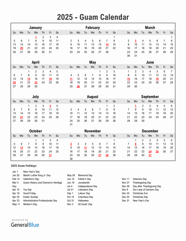 Year 2025 Simple Calendar With Holidays in Guam