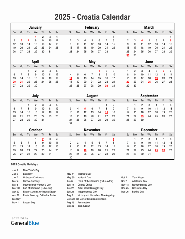 Year 2025 Simple Calendar With Holidays in Croatia