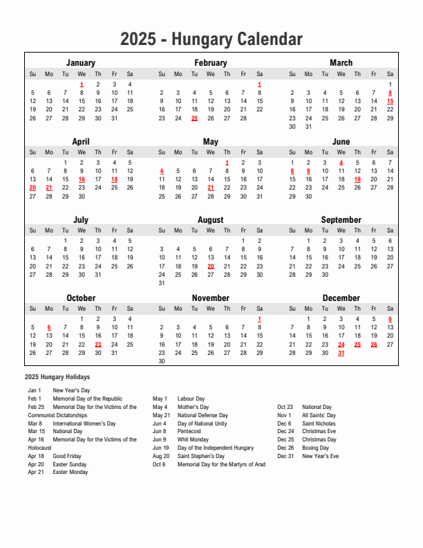 Year 2025 Simple Calendar With Holidays in Hungary