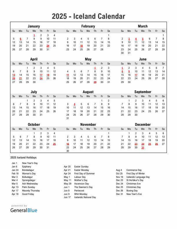 Year 2025 Simple Calendar With Holidays in Iceland