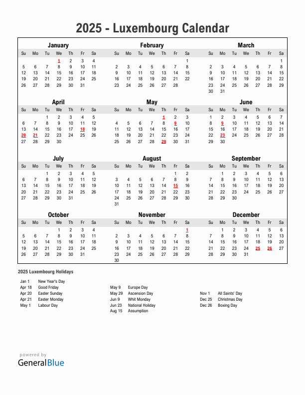 Year 2025 Simple Calendar With Holidays in Luxembourg