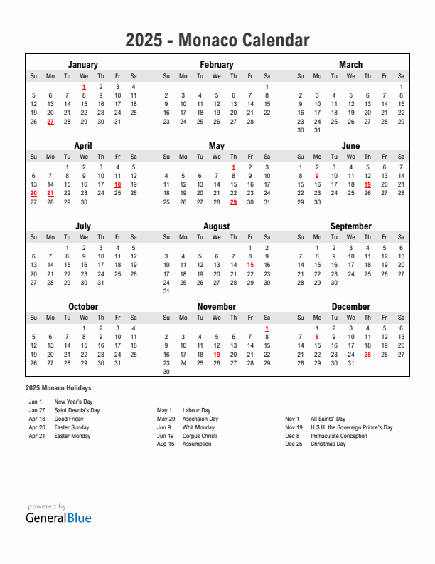 Year 2025 Simple Calendar With Holidays in Monaco