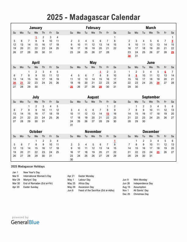 Year 2025 Simple Calendar With Holidays in Madagascar