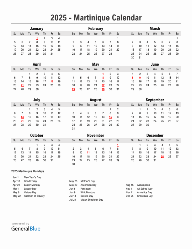 Year 2025 Simple Calendar With Holidays in Martinique