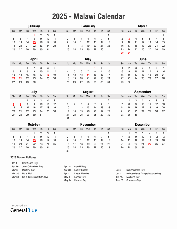 2025 Malawi Calendar with Holidays