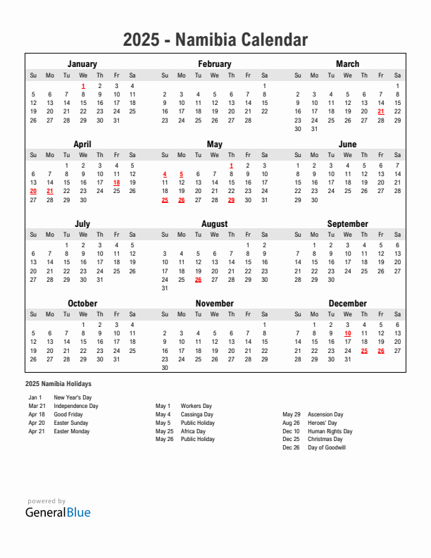 Year 2025 Simple Calendar With Holidays in Namibia