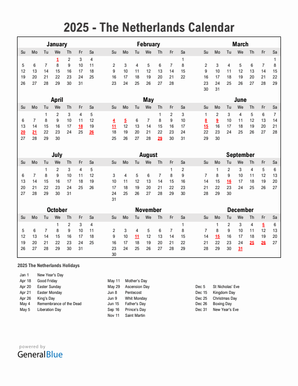 Year 2025 Simple Calendar With Holidays in The Netherlands