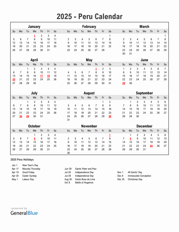 Year 2025 Simple Calendar With Holidays in Peru