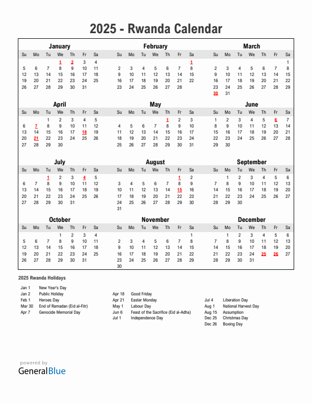 Year 2025 Simple Calendar With Holidays in Rwanda