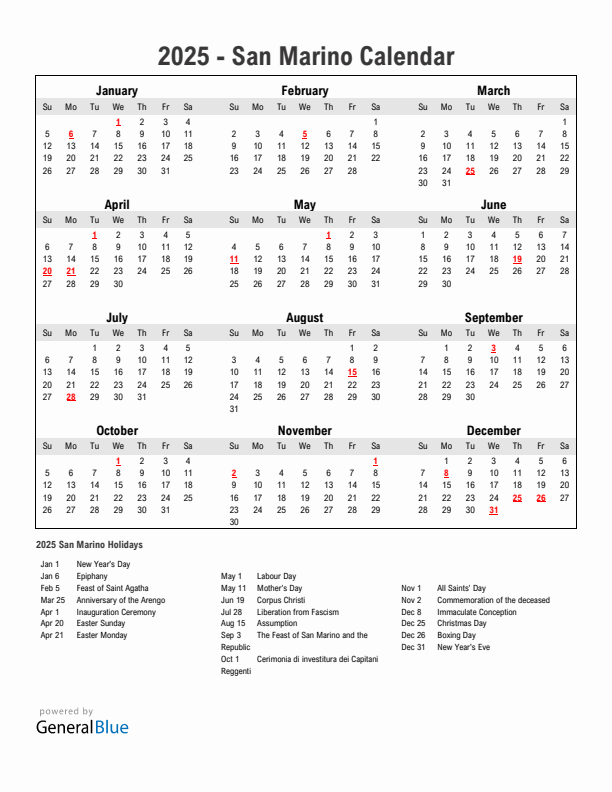 Year 2025 Simple Calendar With Holidays in San Marino