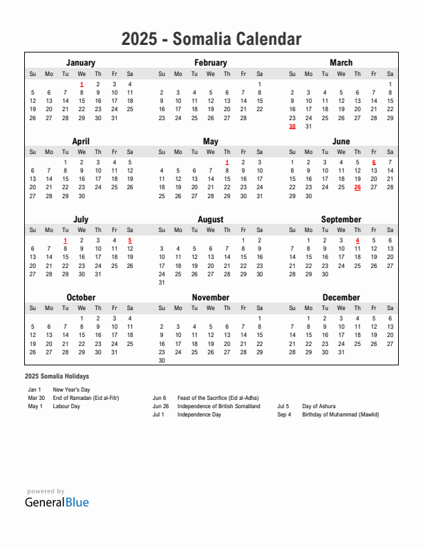 Year 2025 Simple Calendar With Holidays in Somalia