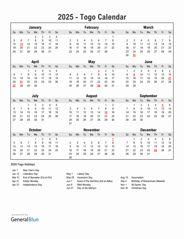 Year 2025 Simple Calendar With Holidays in Togo