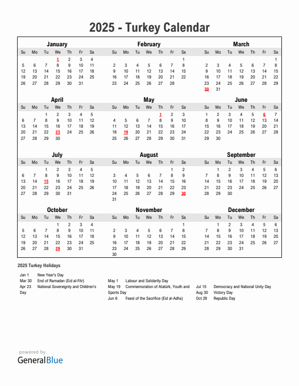 Year 2025 Simple Calendar With Holidays in Turkey