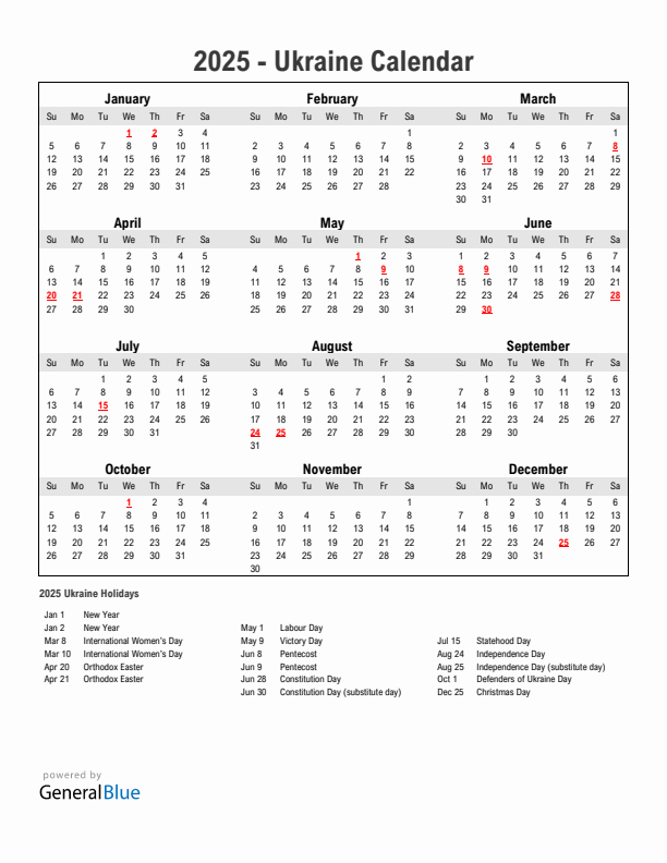 Year 2025 Simple Calendar With Holidays in Ukraine