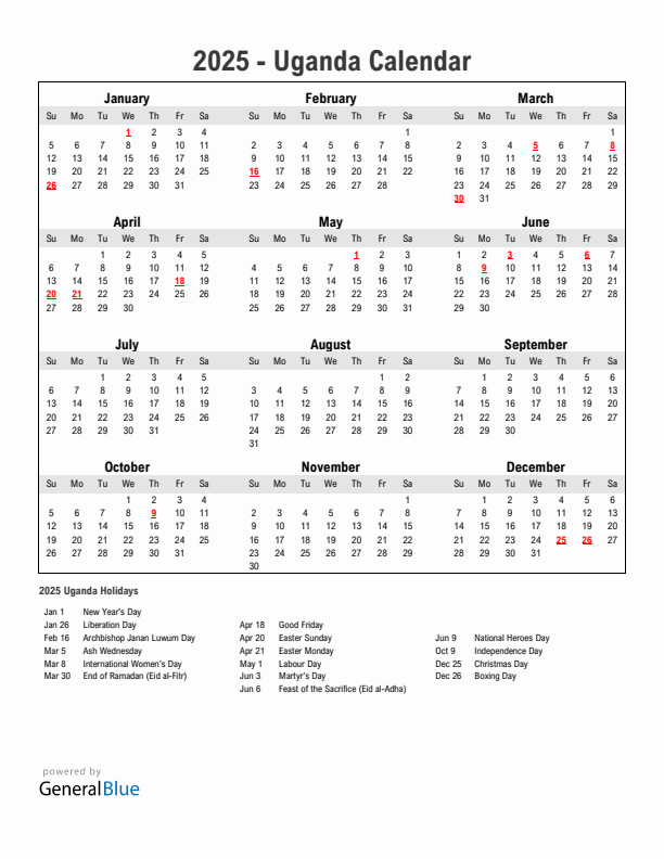 Year 2025 Simple Calendar With Holidays in Uganda