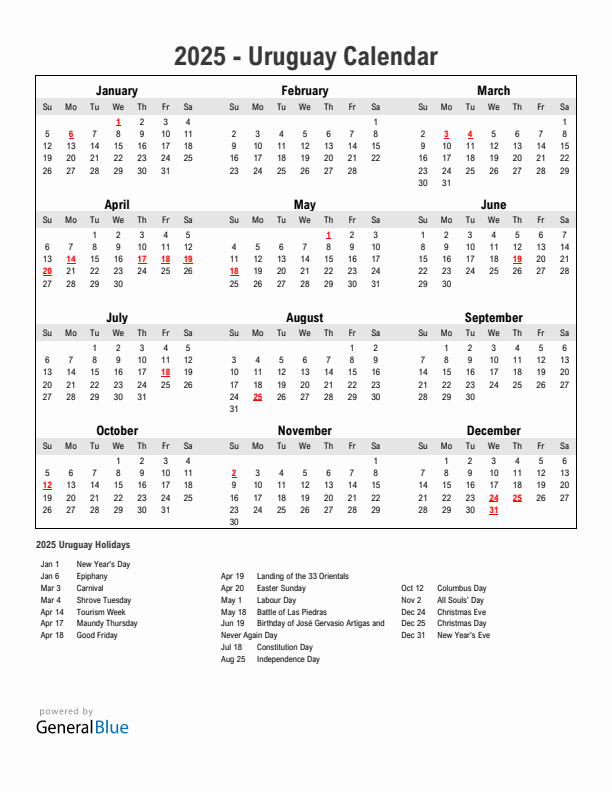 Year 2025 Simple Calendar With Holidays in Uruguay