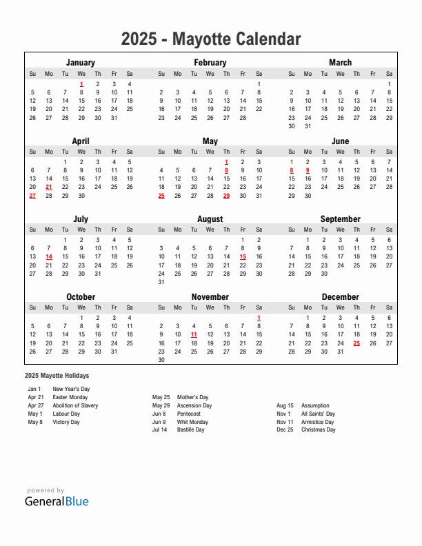 Year 2025 Simple Calendar With Holidays in Mayotte