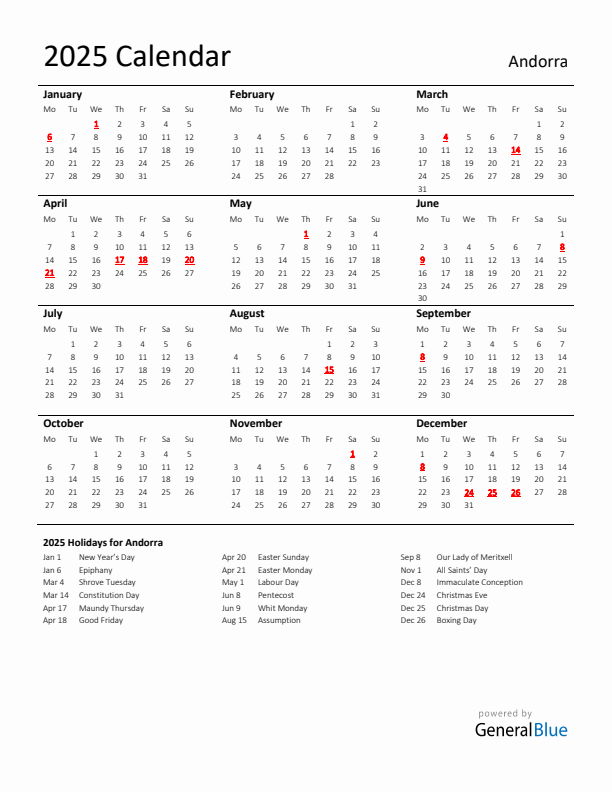 Standard Holiday Calendar for 2025 with Andorra Holidays 