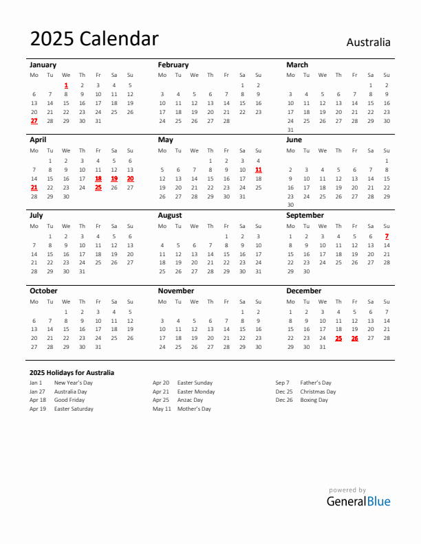 Standard Holiday Calendar for 2025 with Australia Holidays 