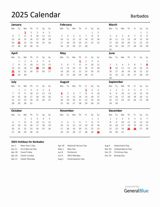 Standard Holiday Calendar for 2025 with Barbados Holidays 