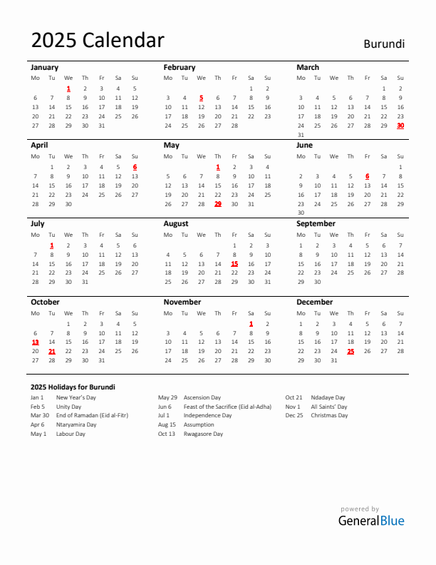 Standard Holiday Calendar for 2025 with Burundi Holidays 