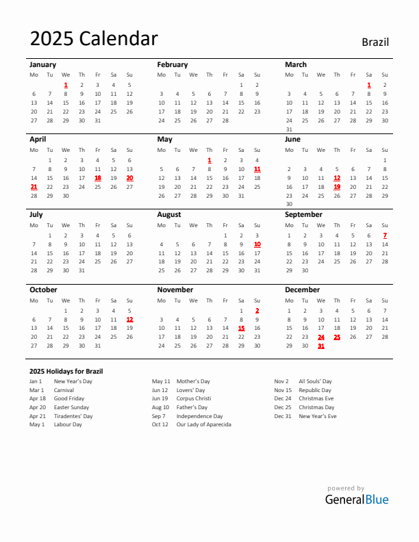 Standard Holiday Calendar for 2025 with Brazil Holidays 