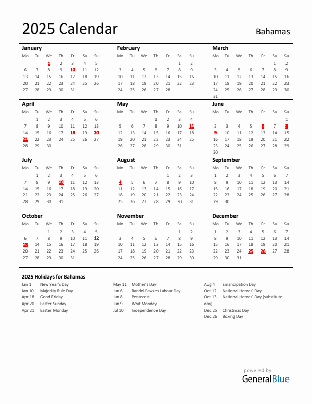 Standard Holiday Calendar for 2025 with Bahamas Holidays 