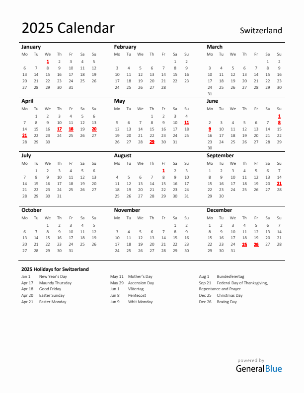 Standard Holiday Calendar for 2025 with Switzerland Holidays 