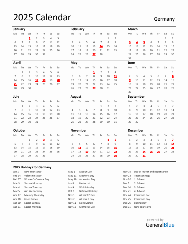 Standard Holiday Calendar for 2025 with Germany Holidays 