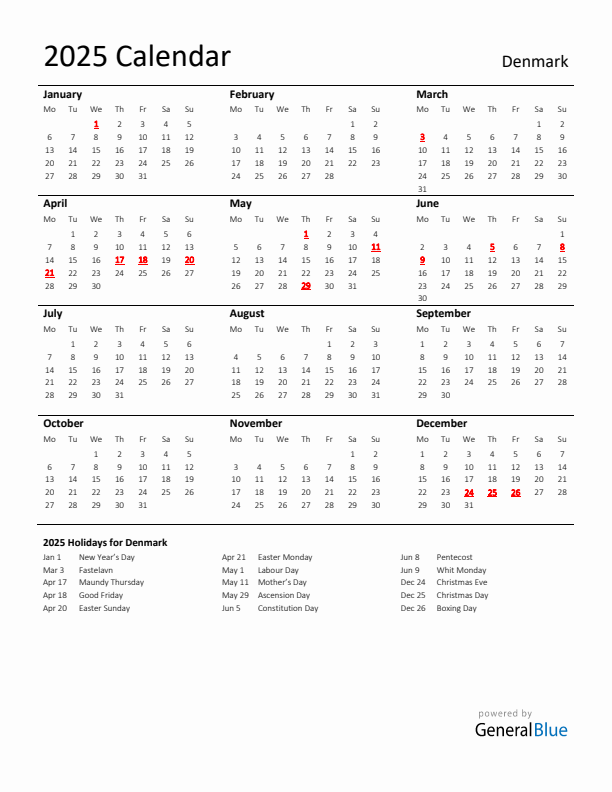 Standard Holiday Calendar for 2025 with Denmark Holidays 