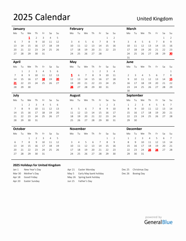 Standard Holiday Calendar for 2025 with United Kingdom Holidays 