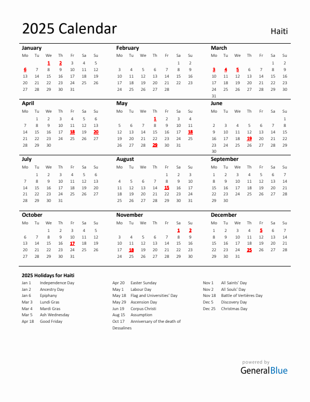 Standard Holiday Calendar for 2025 with Haiti Holidays 