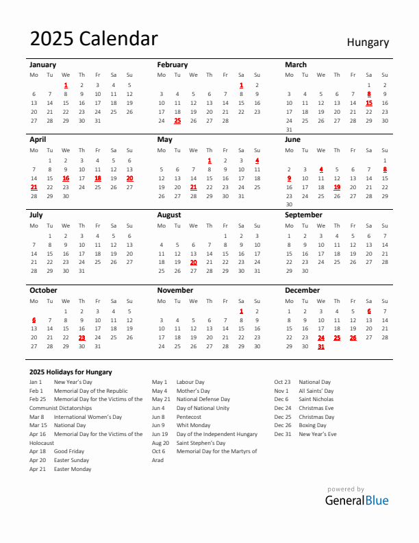 Standard Holiday Calendar for 2025 with Hungary Holidays 