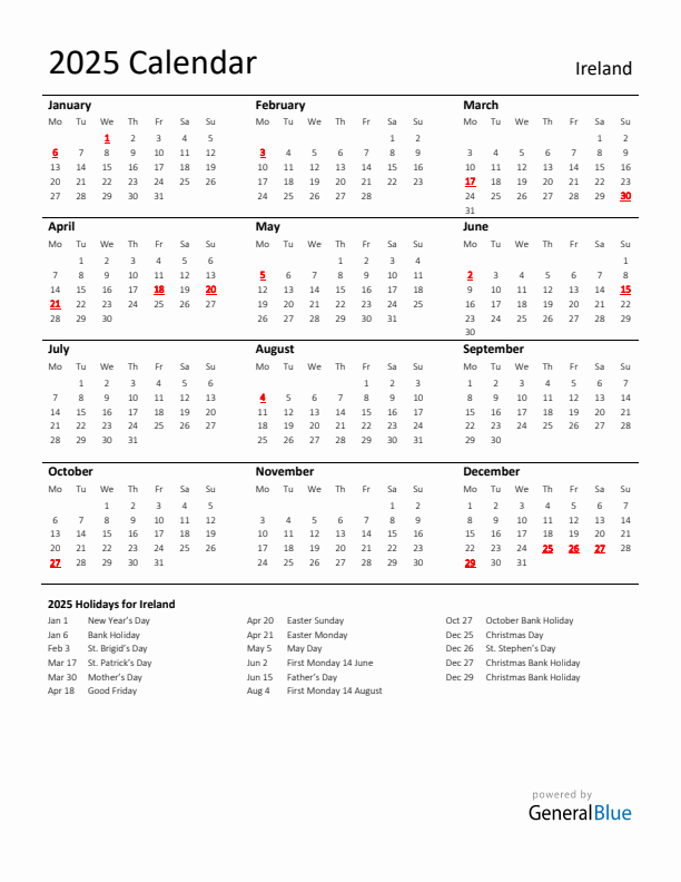 Standard Holiday Calendar for 2025 with Ireland Holidays 