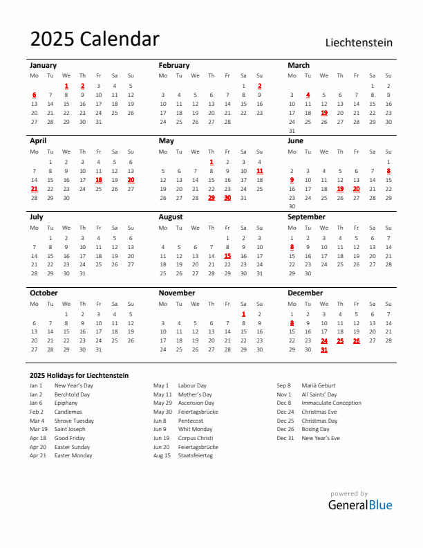 Standard Holiday Calendar for 2025 with Liechtenstein Holidays 