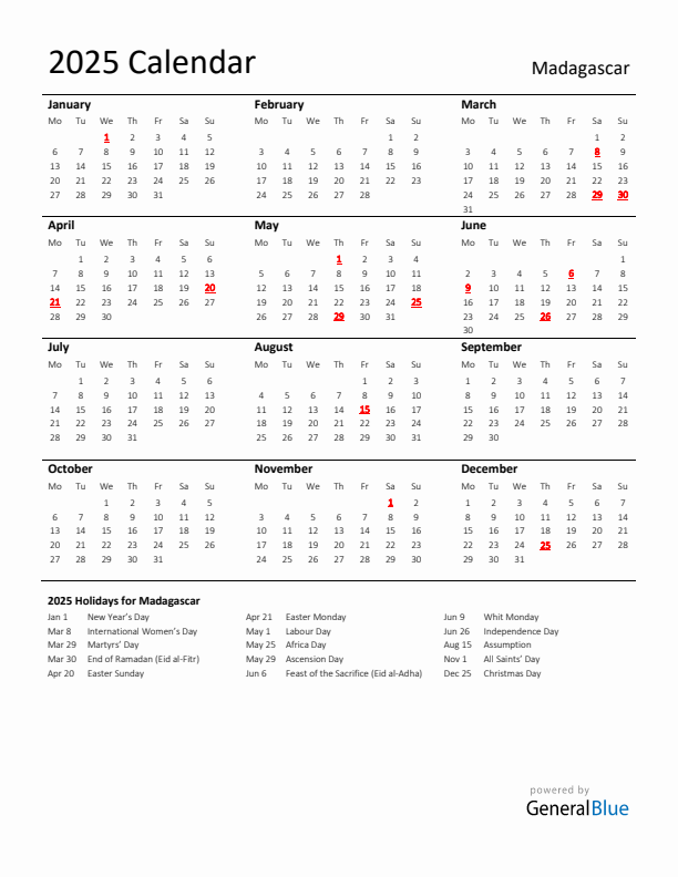 Standard Holiday Calendar for 2025 with Madagascar Holidays 